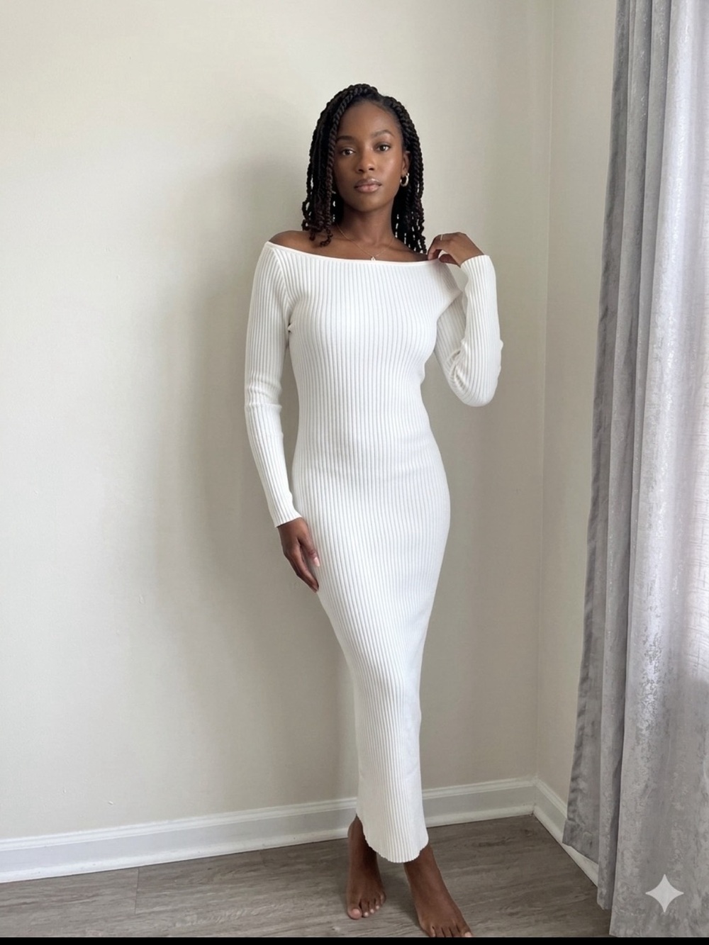 H&M White Off-Shoulder Ribbed Maxi Dress